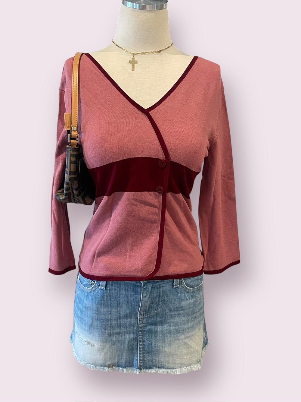 Women's V-Neck Red and Pink Blouse